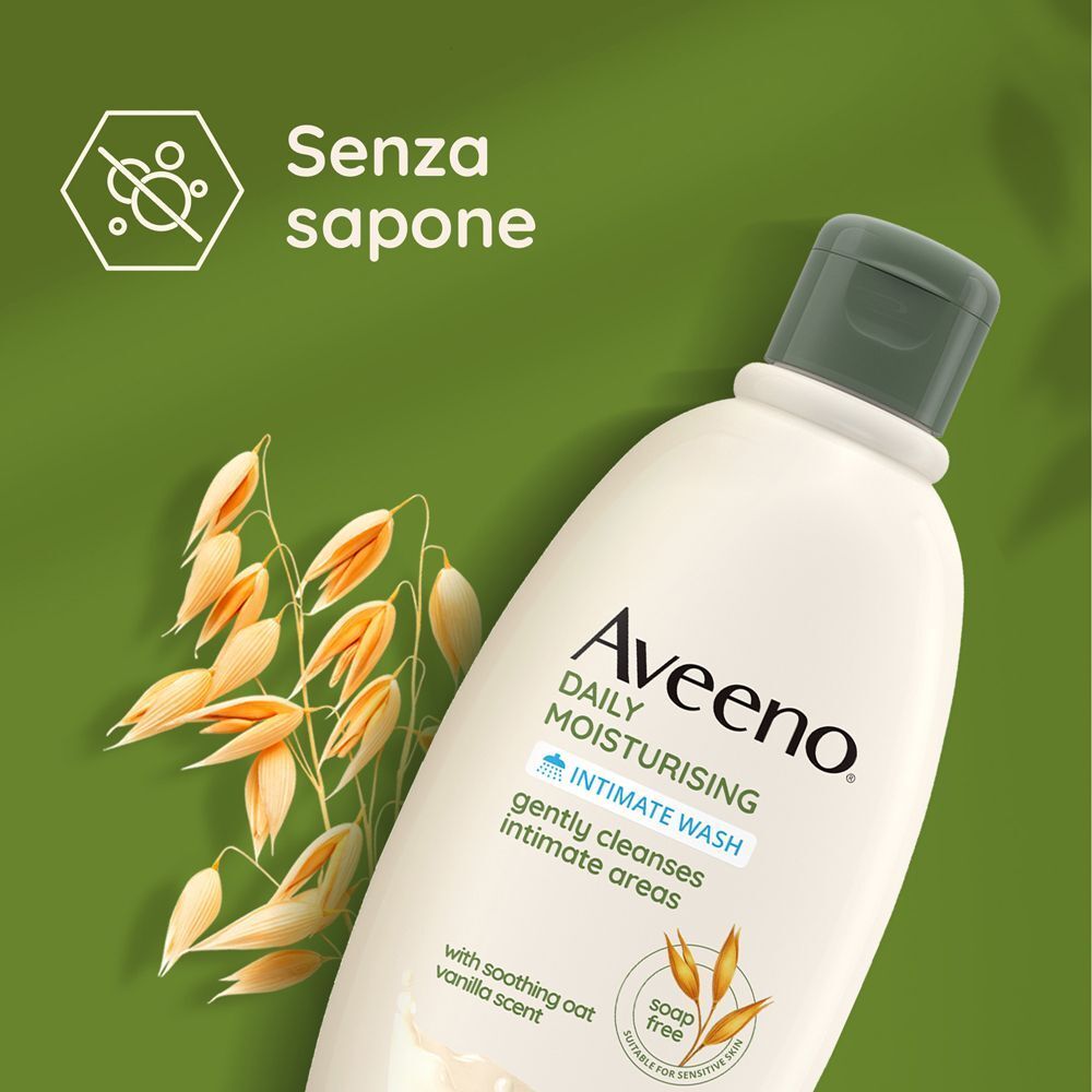 Aveeno Intimate Wash, senza sapone, al profumo lenitivo di avena e vaniglia.
