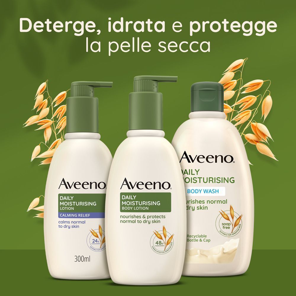 Prodotti Aveeno Daily Moisturising: Detergente intimo, Lozione corpo, Bagnoschiuma.
