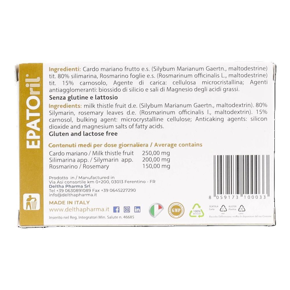 Retro di una confezione di Deltha Pharma EPATORIL Compresse con elenco ingredienti e informazioni nutrizionali.