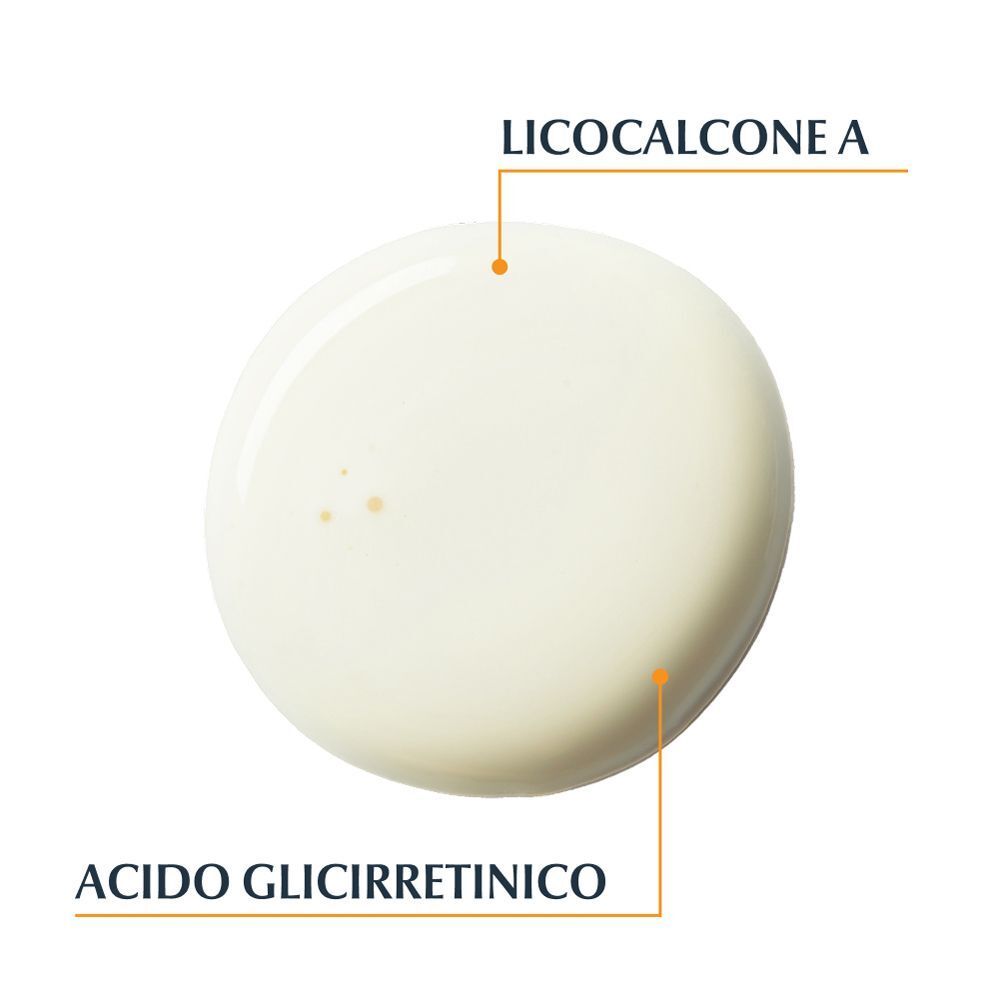 Goccia di crema solare con etichette: Licocalcone A e Acido Glicirretinico.