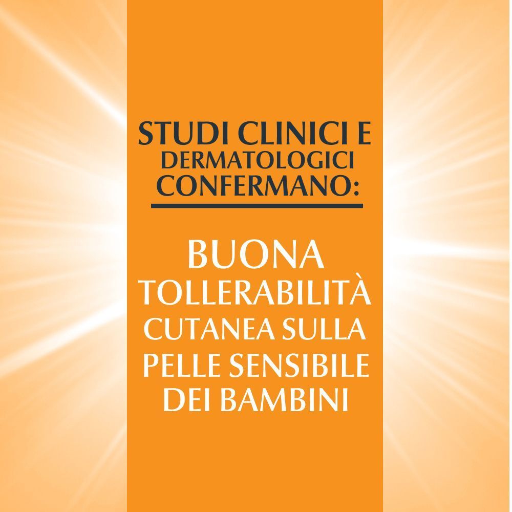 Testo: Studi clinici e dermatologici confermano: Buona tollerabilità cutanea sulla pelle sensibile dei bambini.