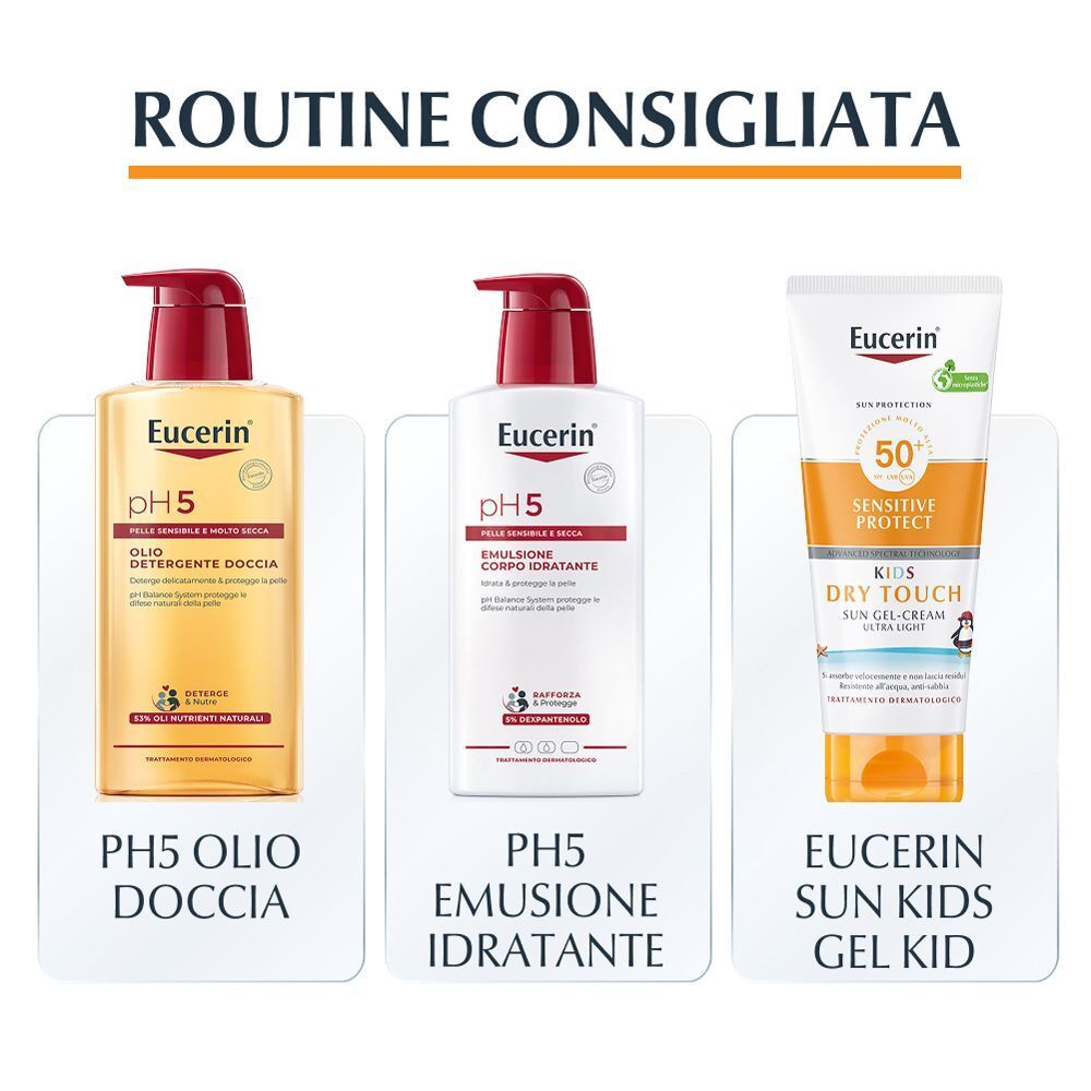 Routine consigliata: Olio doccia Eucerin PH5, Emulsione idratante Eucerin PH5, Gel-Cream Eucerin Sun Kids Dry Touch.
