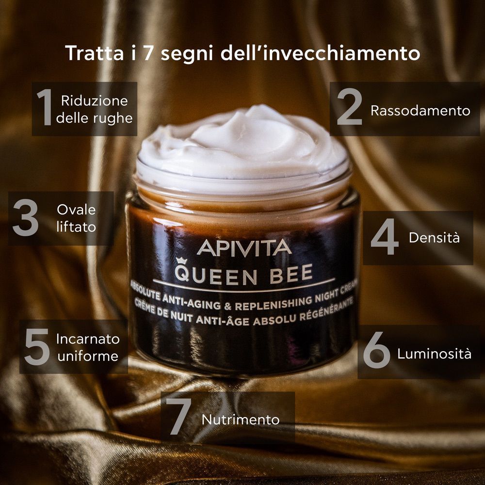 Un vasetto di crema notte APIVITA Queen Bee con crema montata. 7 benefici elencati.