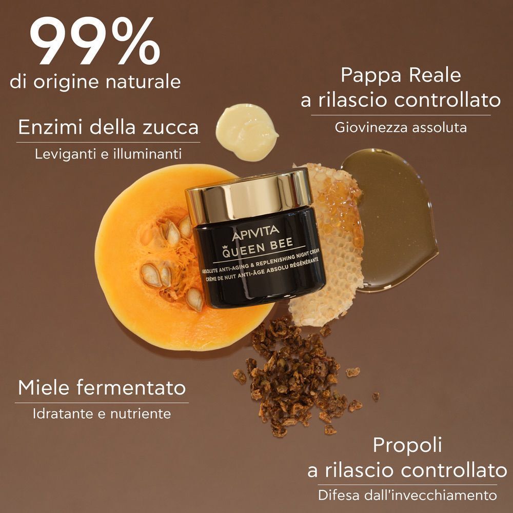 Crema notte APIVITA Queen Bee con zucca, miele e propoli per pelle giovane.