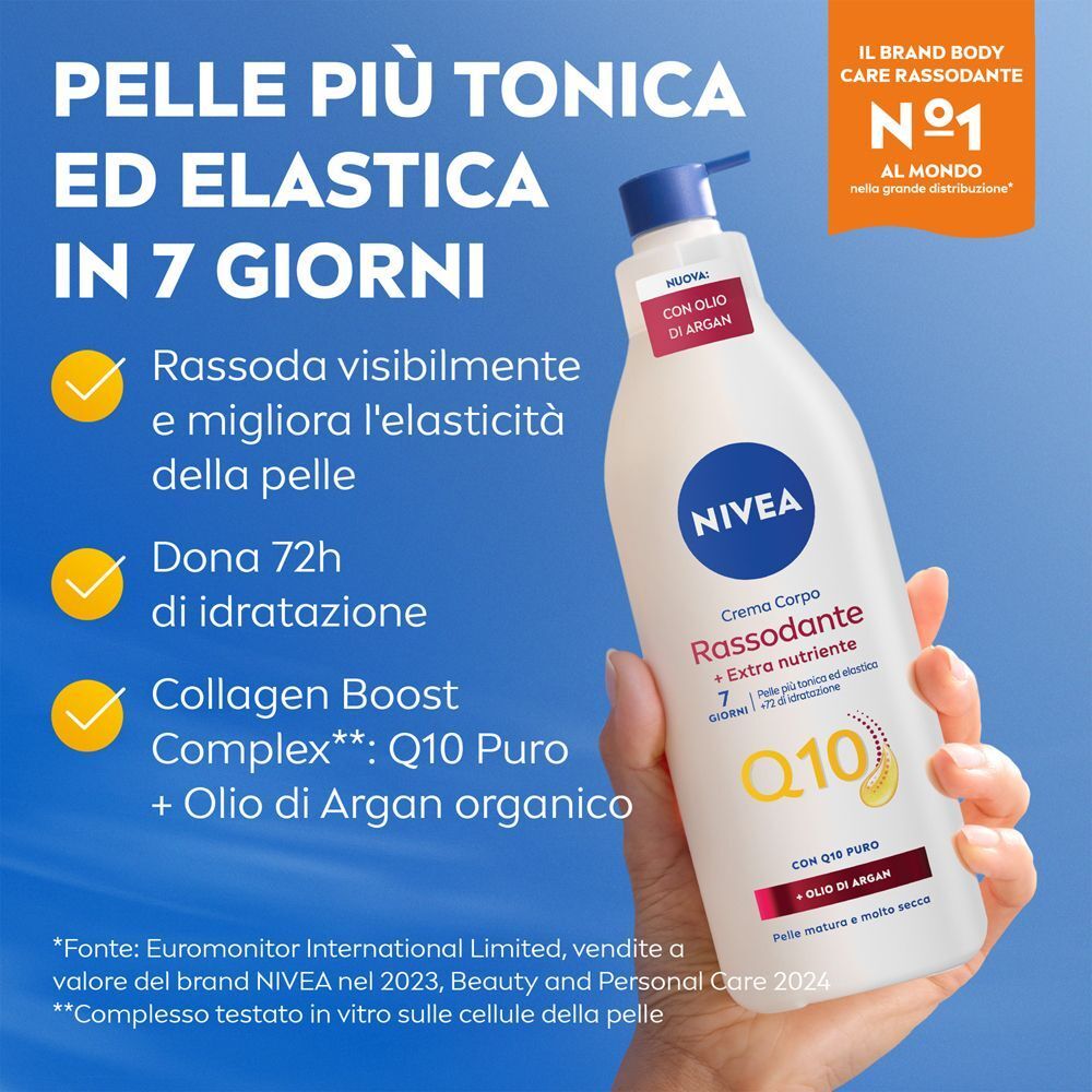 Flacone di Nivea Q10 Crema Corpo Rassodante con erogatore, tenuto in mano.