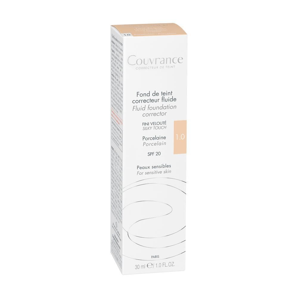 Una confezione di Fondotinta correttore fluido Avène Couvrance Porcellana SPF20.