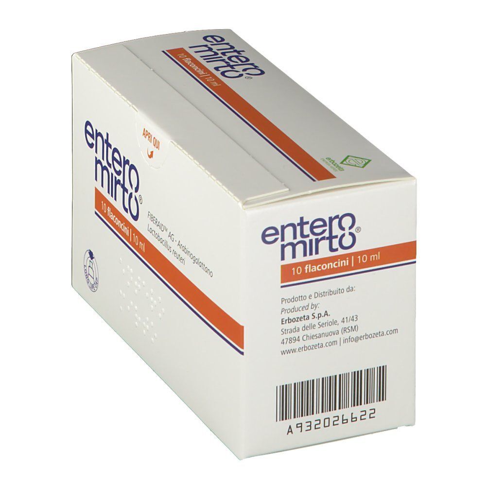 Una confezione di Entero Mirto Flaconcini da 10 flaconcini da 10 ml. Contiene FIBRERAID AG e Lactobacillus reuteri.