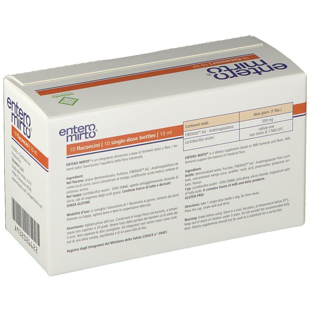 Retro di una confezione di Entero Mirto Flaconcini. Mostra ingredienti come FIBRERAID AG e Lactobacillus reuteri.