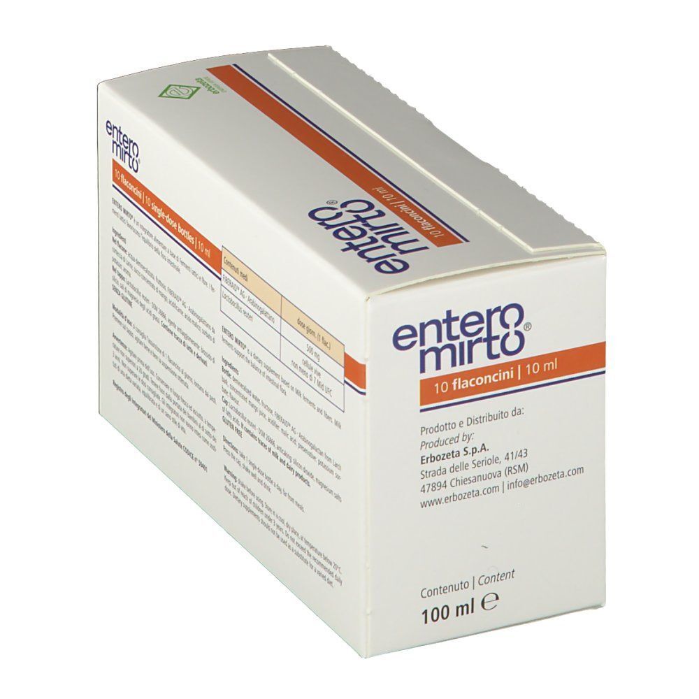 Una confezione di Entero Mirto Flaconcini, 10 x 10 ml. Contenuto totale 100 ml. Prodotto da Erbozeta S.p.A.