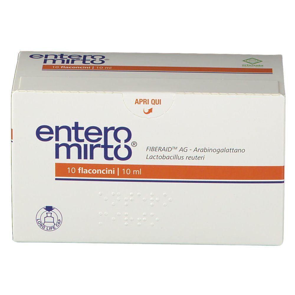 Fronte di una confezione di Entero Mirto Flaconcini. Contiene 10 flaconcini da 10 ml, FIBRERAID AG, Lactobacillus reuteri.