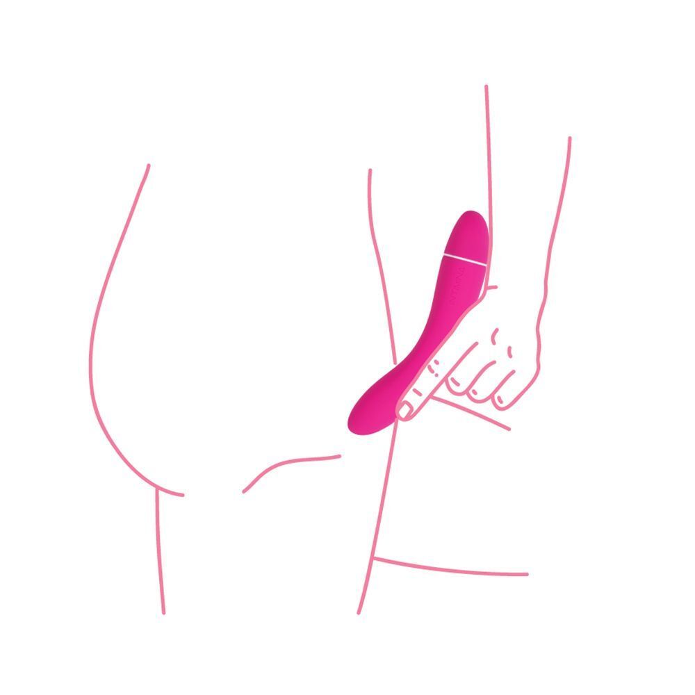 Illustrazione di una mano che tiene un vibratore personale rosa vicino all'anca.
