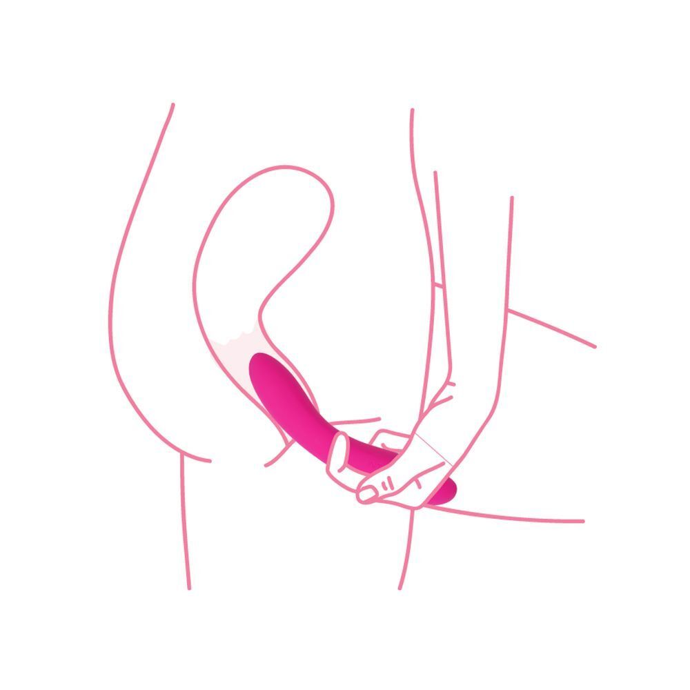 Illustrazione di una mano che tiene un vibratore personale rosa nell'area intima.