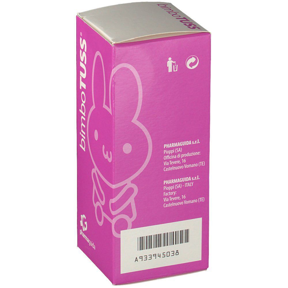 Scatola rosa con BimboTUSS, coniglio stilizzato e informazioni del produttore.