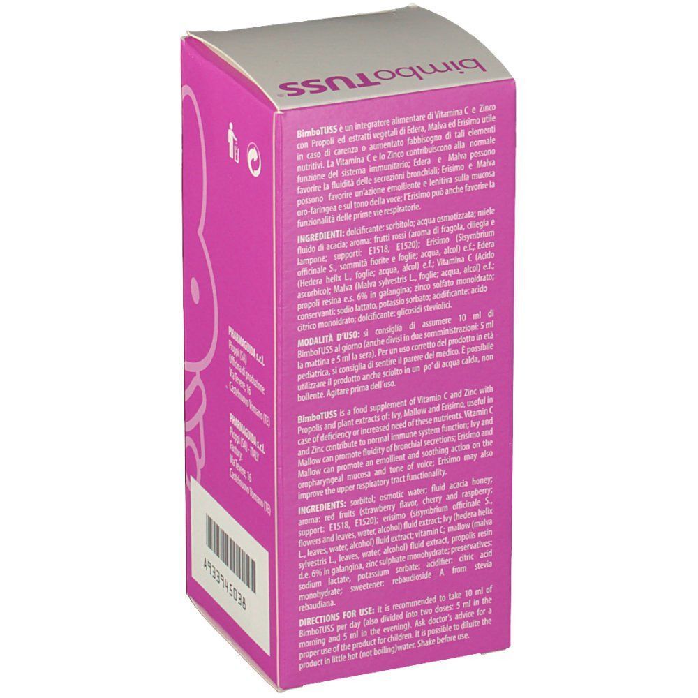 Lato di una confezione BimboTUSS® con elenco ingredienti e istruzioni per l'uso.