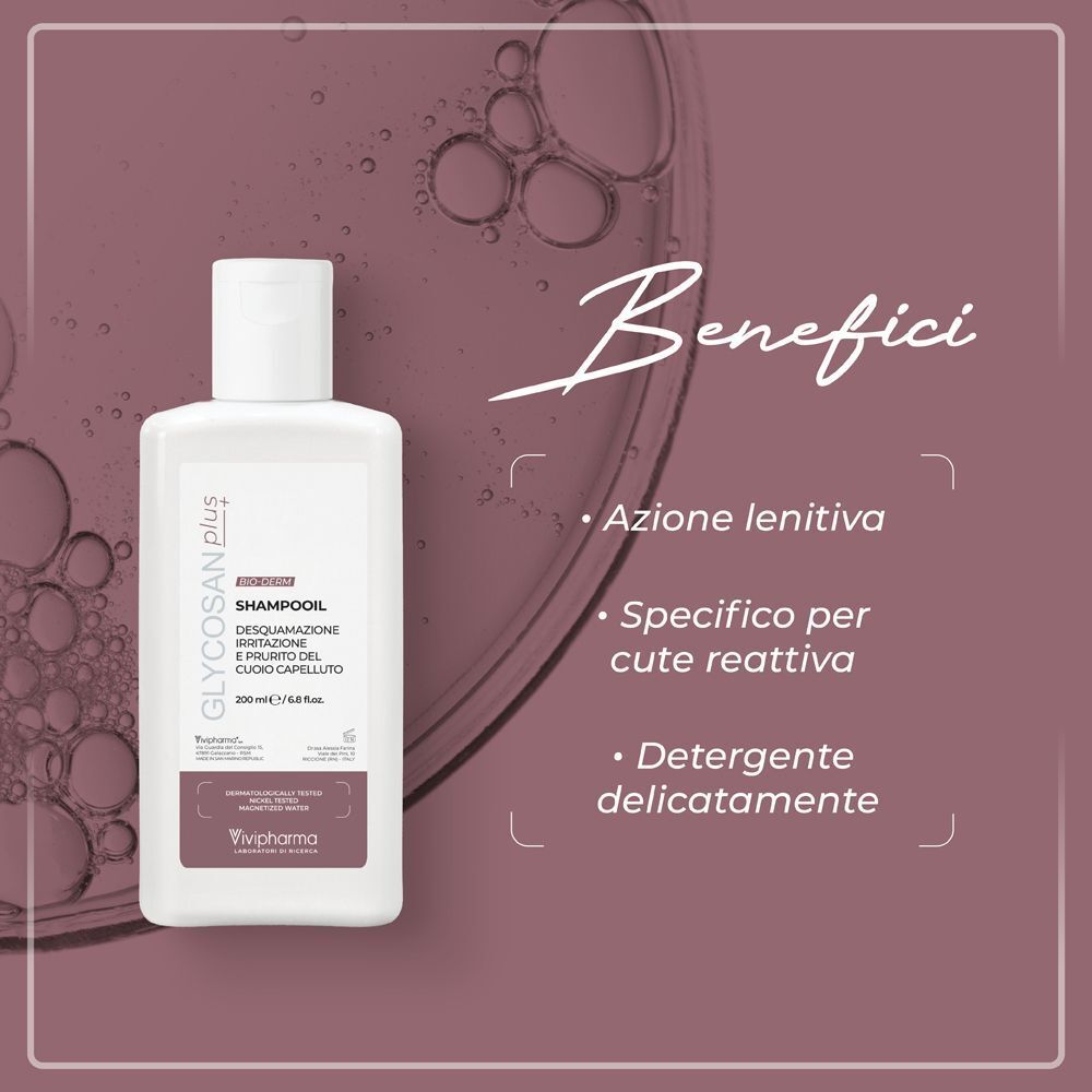 Flacone di Vivipharma Glycosan Plus Shampooil accanto a un elenco di benefici, tra cui azione lenitiva e detersione delicata.