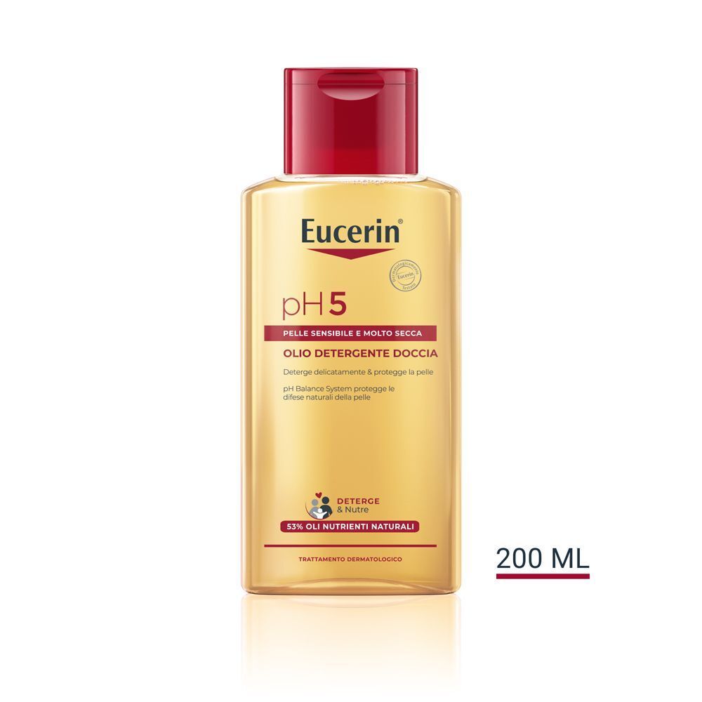 Un flacone di olio doccia Eucerin pH 5, 200 ml.