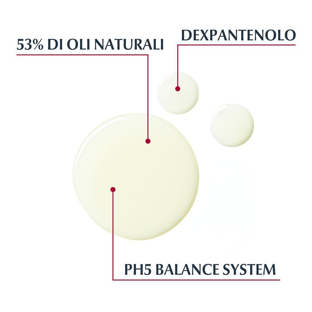 Gocce di Eucerin pH 5 Olio Detergente Doccia con etichette: 53% oli naturali, Dexpantenolo, Sistema pH 5 Balance.