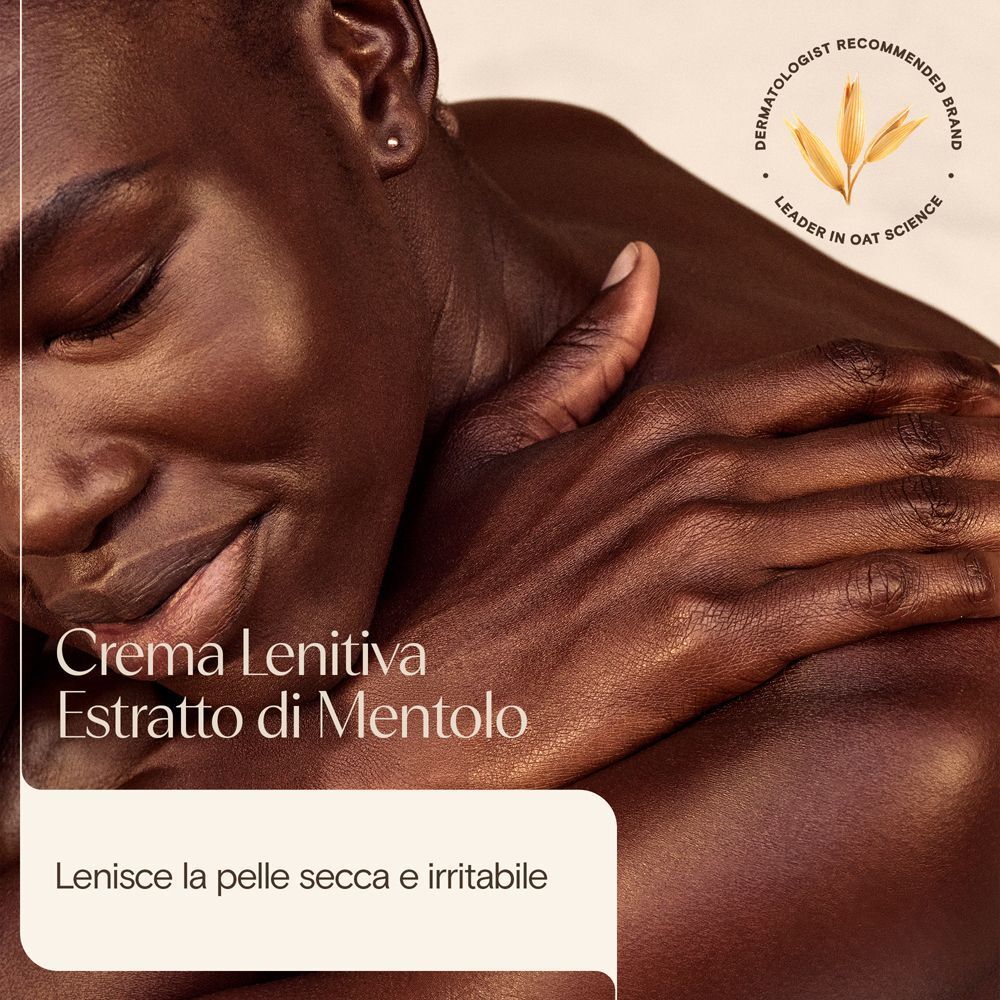 Pelle di una persona con lozione lenitiva Aveeno Skin Relief, mentolo.