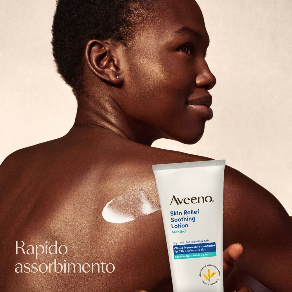 Lozione lenitiva Aveeno Skin Relief al mentolo, rapido assorbimento.