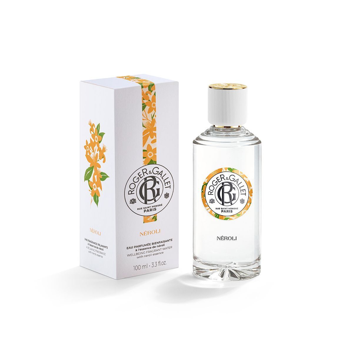 Flacone e confezione ROGER&GALLET Neroli Eau de Parfum con motivo a fiori d'arancio.