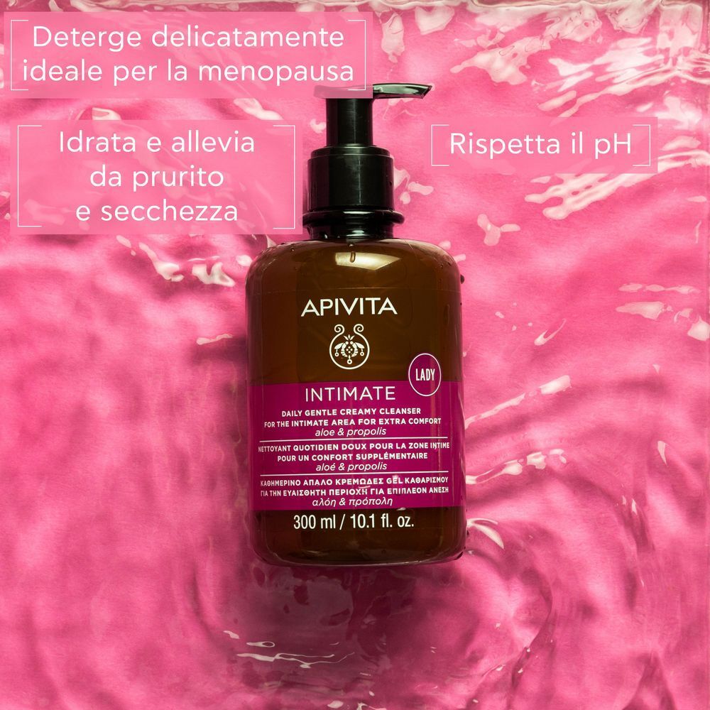 Detergente intimo Apivita Lady in flacone marrone con dispenser a pompa.