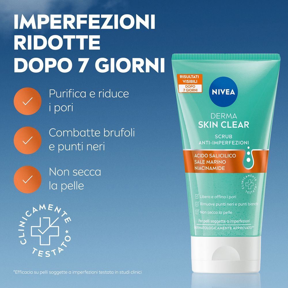 Scrub Nivea Derma Skin Clear: purifica e riduce i pori, combatte brufoli e punti neri, non secca la pelle.