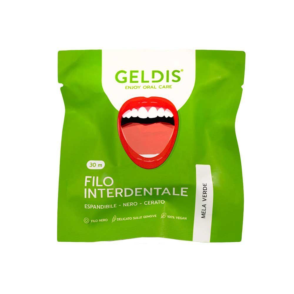 Una confezione di filo interdentale verde con logo "GELDIS" e immagine di bocca aperta.
