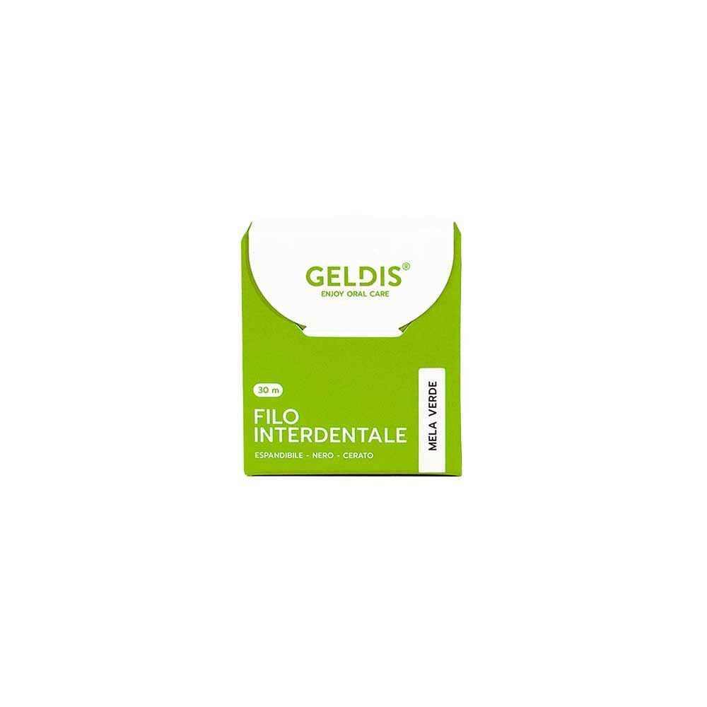 Una confezione di filo interdentale GELDIS gusto mela verde. Confezione verde con bocca aperta e denti.