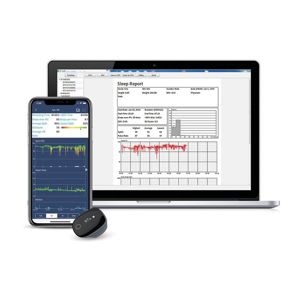 Pulsossimetro GIMA O2Ring, smartphone e laptop con analisi dettagliate del sonno.