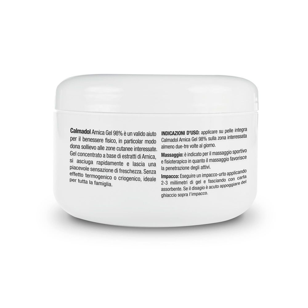 Vasetto bianco di Gel Arnica Calmadol 98%. Etichetta con ingredienti e indicazioni d'uso.