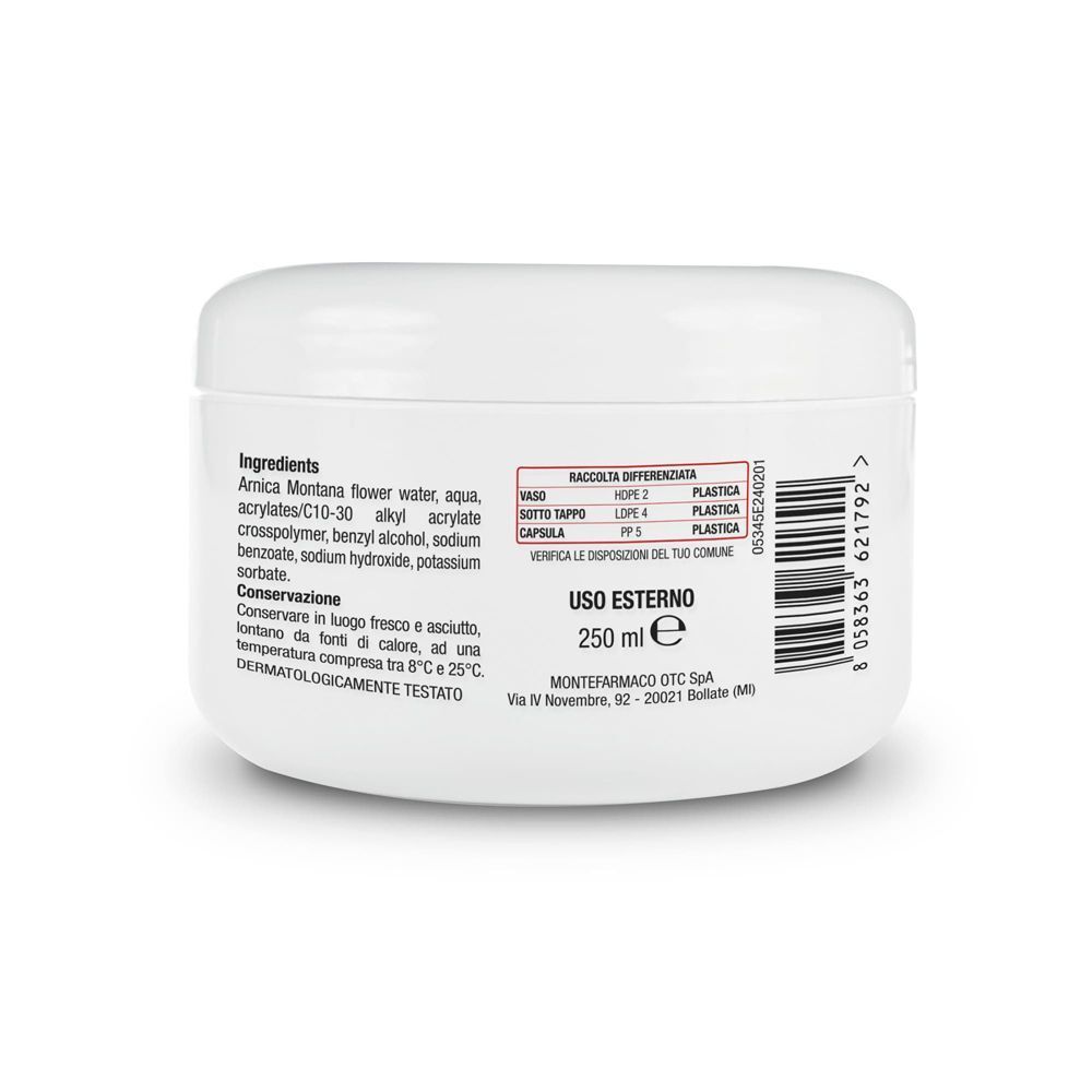 Retro di un vasetto bianco di Gel Arnica Calmadol 98%. Contiene ingredienti e volume.