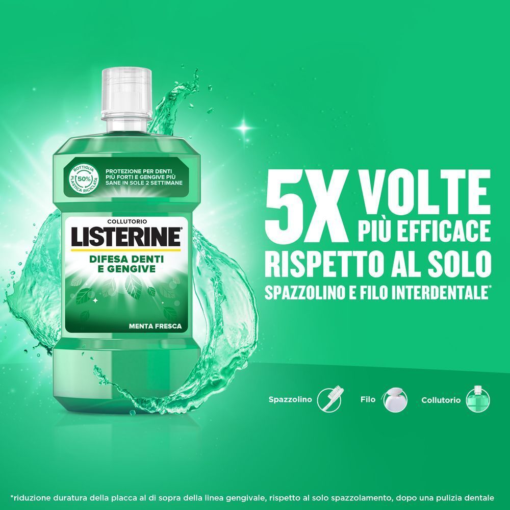 Collutorio Listerine con spruzzi d'acqua, 5 volte più efficace di spazzolino e filo interdentale.