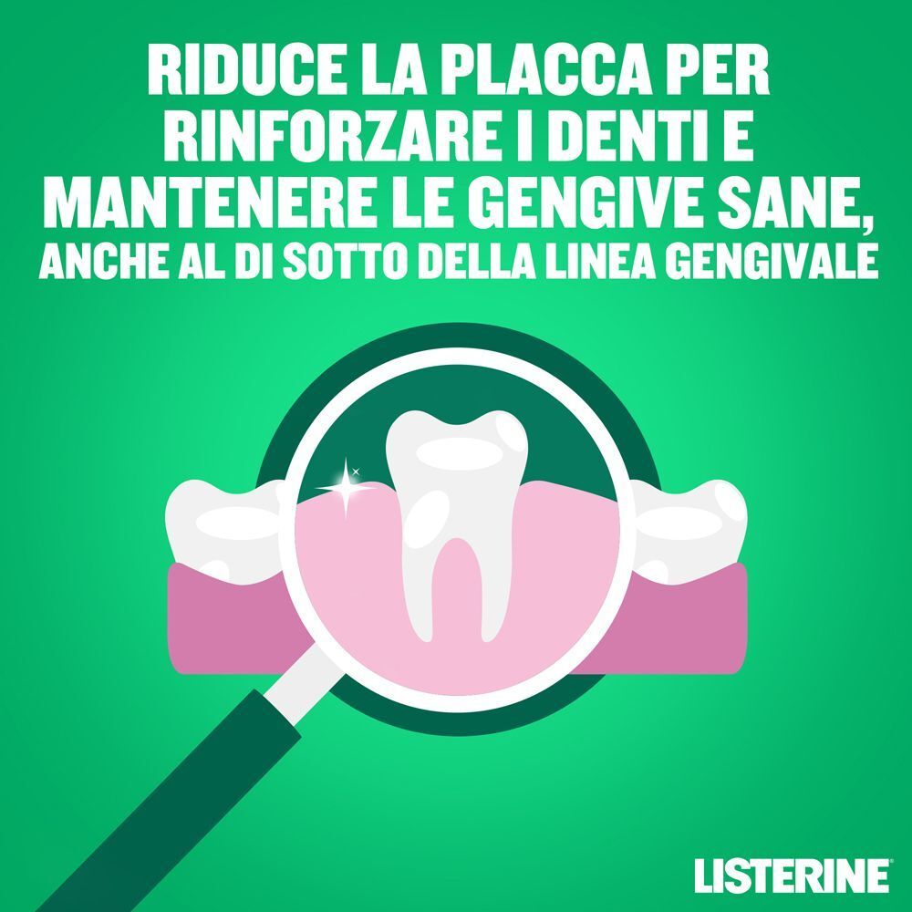Il collutorio Listerine riduce la placca per rinforzare denti e gengive sane.