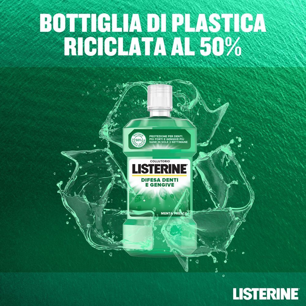 Collutorio Listerine in flacone di plastica riciclata al 50%.