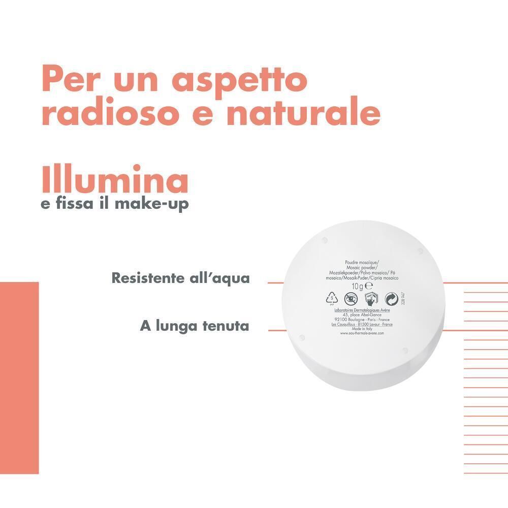 Fondo di una cipria a mosaico con informazioni sul prodotto e indicazione 10g.