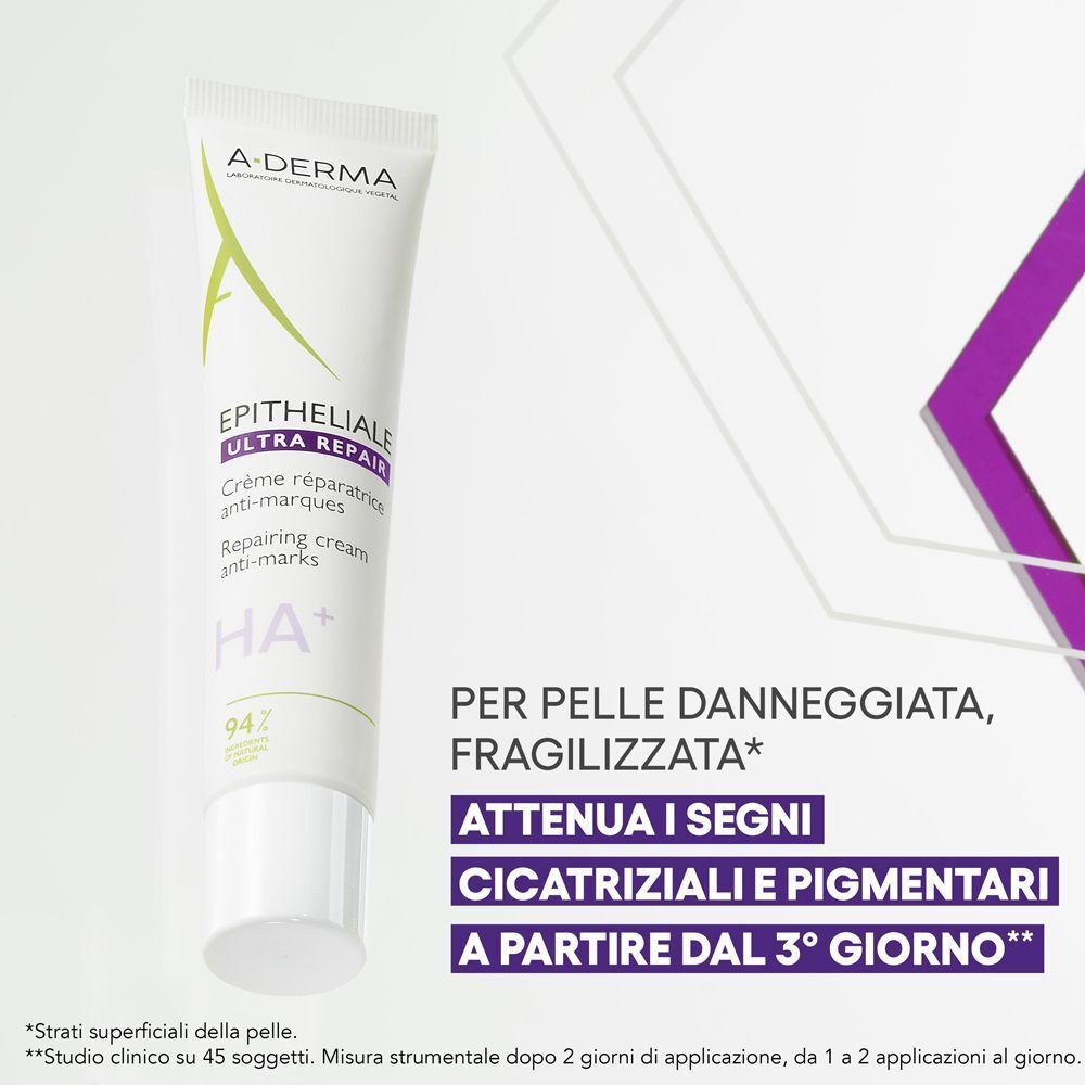 Tubo di crema A-Derma Epitheliale Ultra Repair con testo sull'uso per pelli danneggiate.