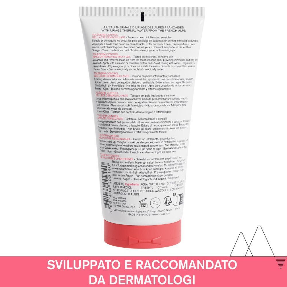 Retro di un tubo Uriage Toléderm Control Gel con ingredienti e istruzioni.