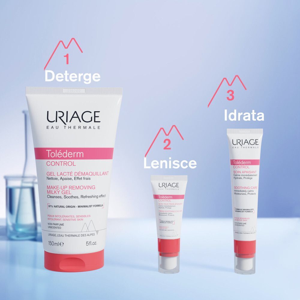 Uriage Toléderm Control: 1. Deterge, 2. Lenisce, 3. Idrata.