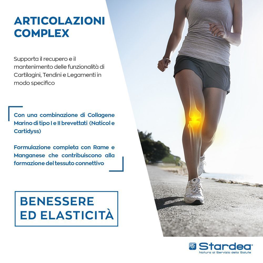 Podista con ginocchia doloranti, accanto a testo su Stardea Articolazioni Complex.