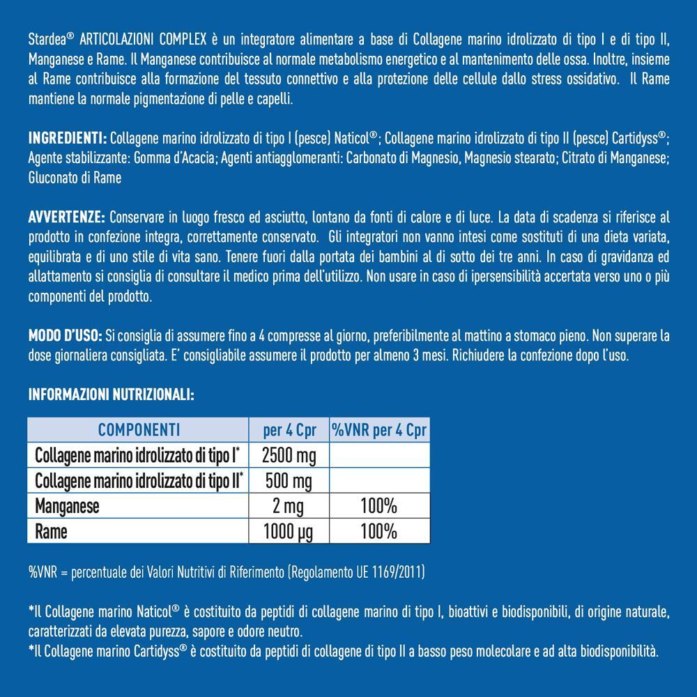 Retro del flacone Stardea Articolazioni Complex con informazioni nutrizionali e ingredienti.