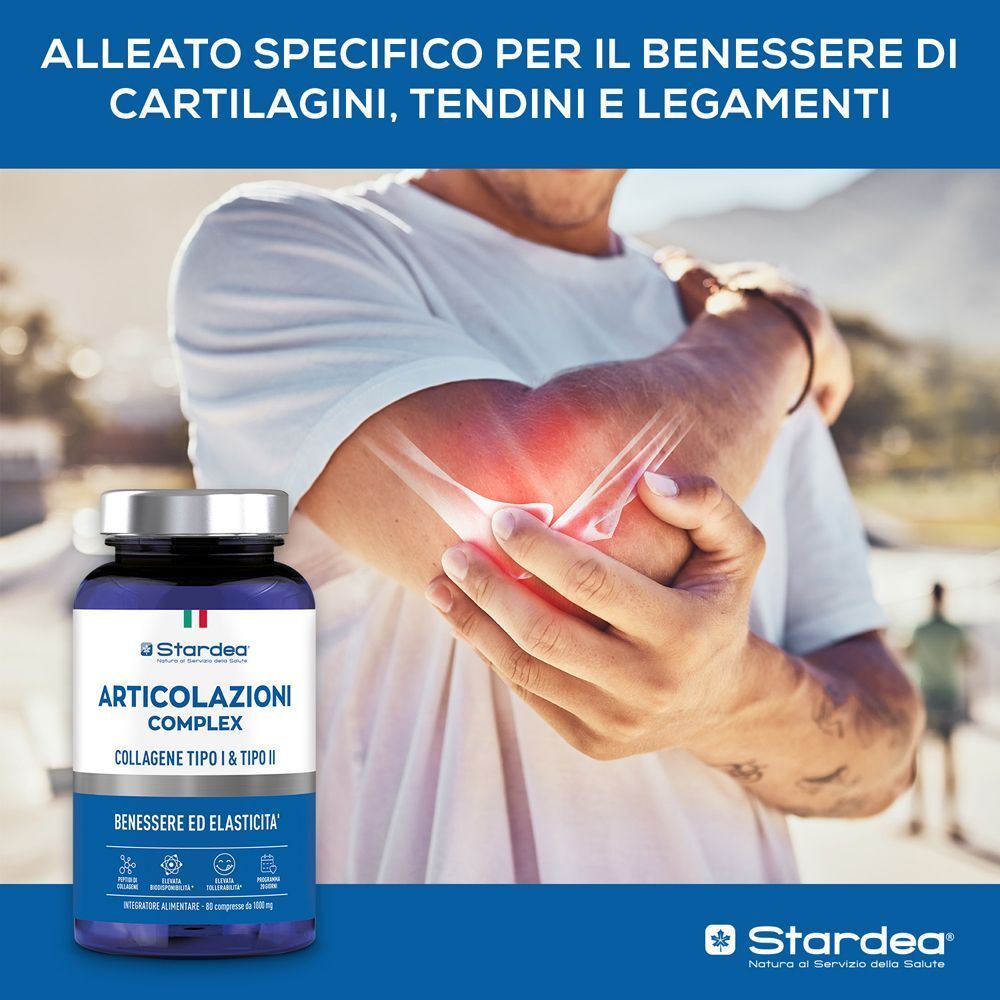 Flacone Stardea Articolazioni Complex accanto a un uomo che tiene il gomito dolorante.