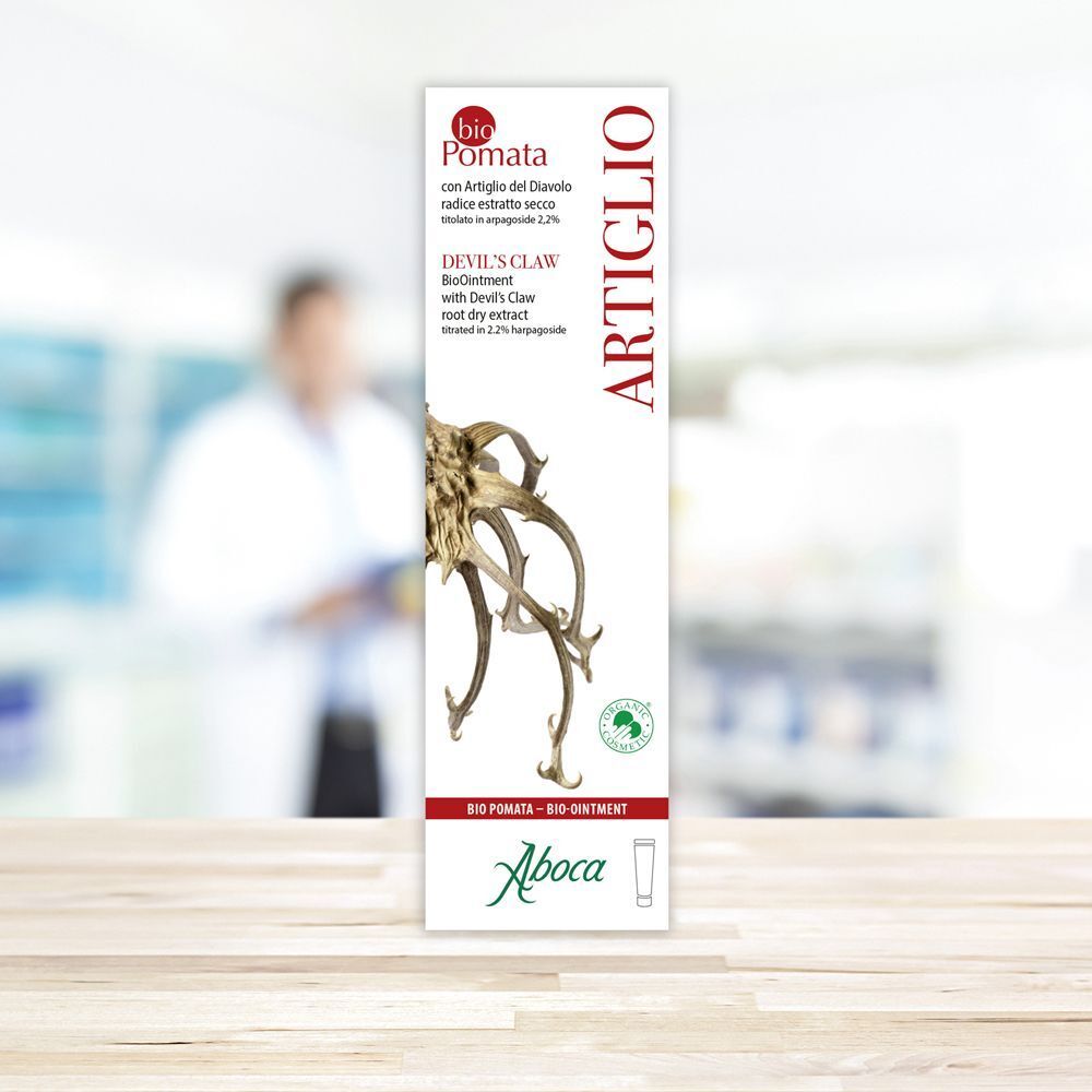 Una confezione di Aboca Biopomata Artiglio del Diavolo con Artiglio del Diavolo, vista frontale.