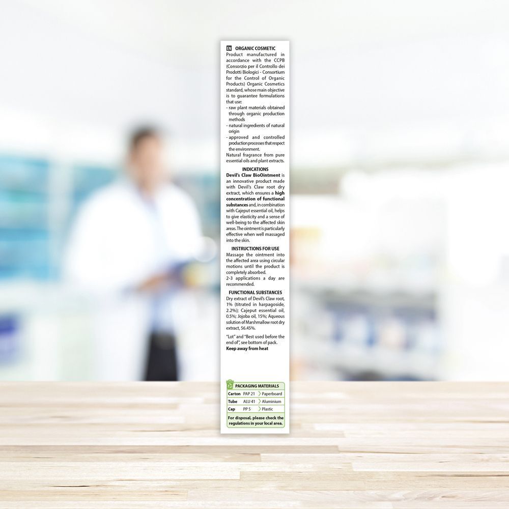 Vista laterale di una confezione di Aboca Biopomata Artiglio del Diavolo con istruzioni d'uso e ingredienti.