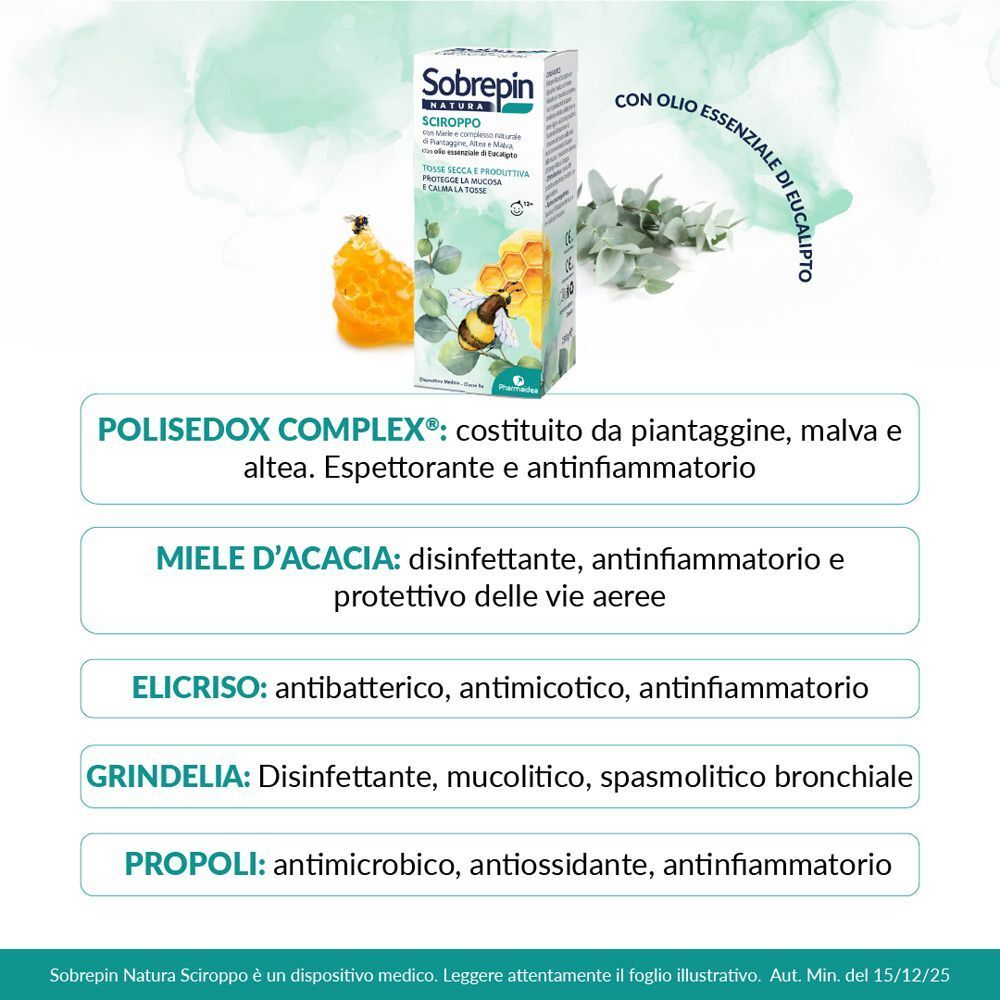 Ingredienti dello Sciroppo Sobrepin Natura: Polisedox Complex, Miele d'acacia, Elicriso, Grindelia, Propoli.