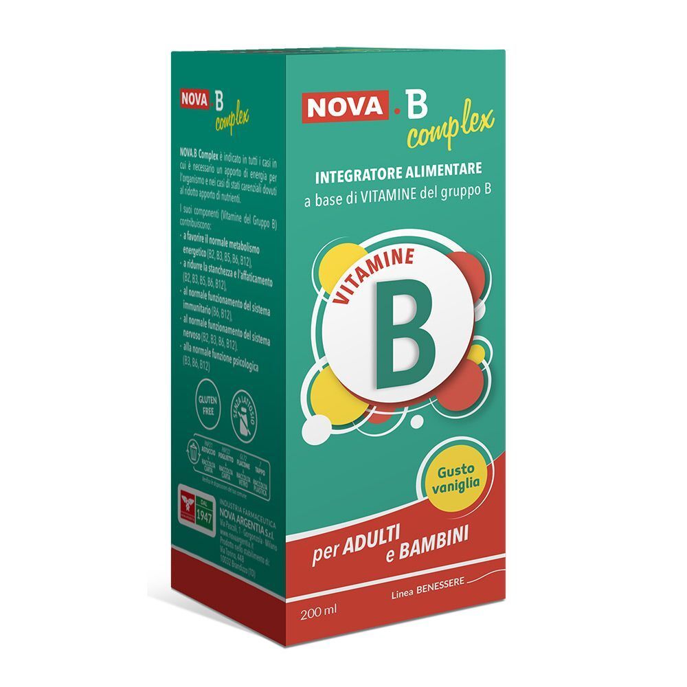 Confezione per NOVA.B complex, integratore alimentare a base di vitamine del gruppo B per adulti e bambini.