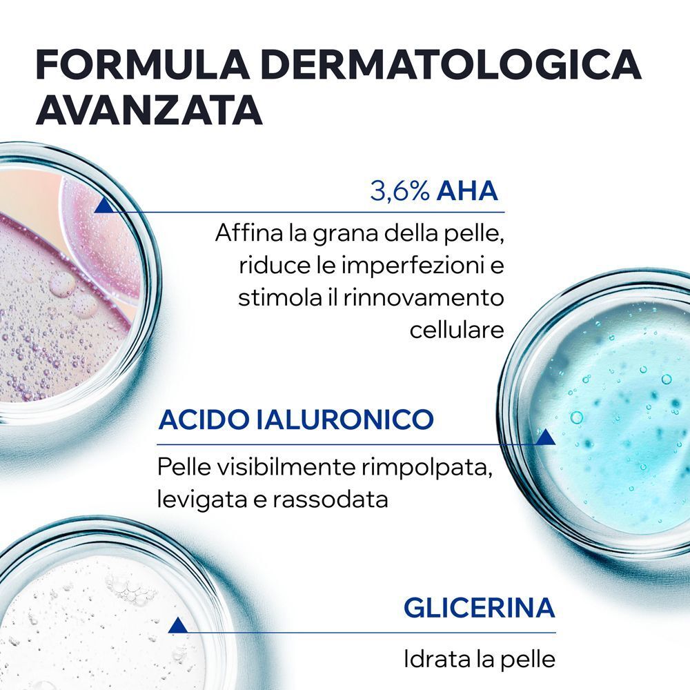 Bicchieri da laboratorio con AHA, acido ialuronico e glicerina per formula skincare.