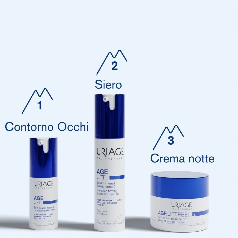 Prodotti URIAGE AGE LIFT: contorno occhi, siero e crema notte.