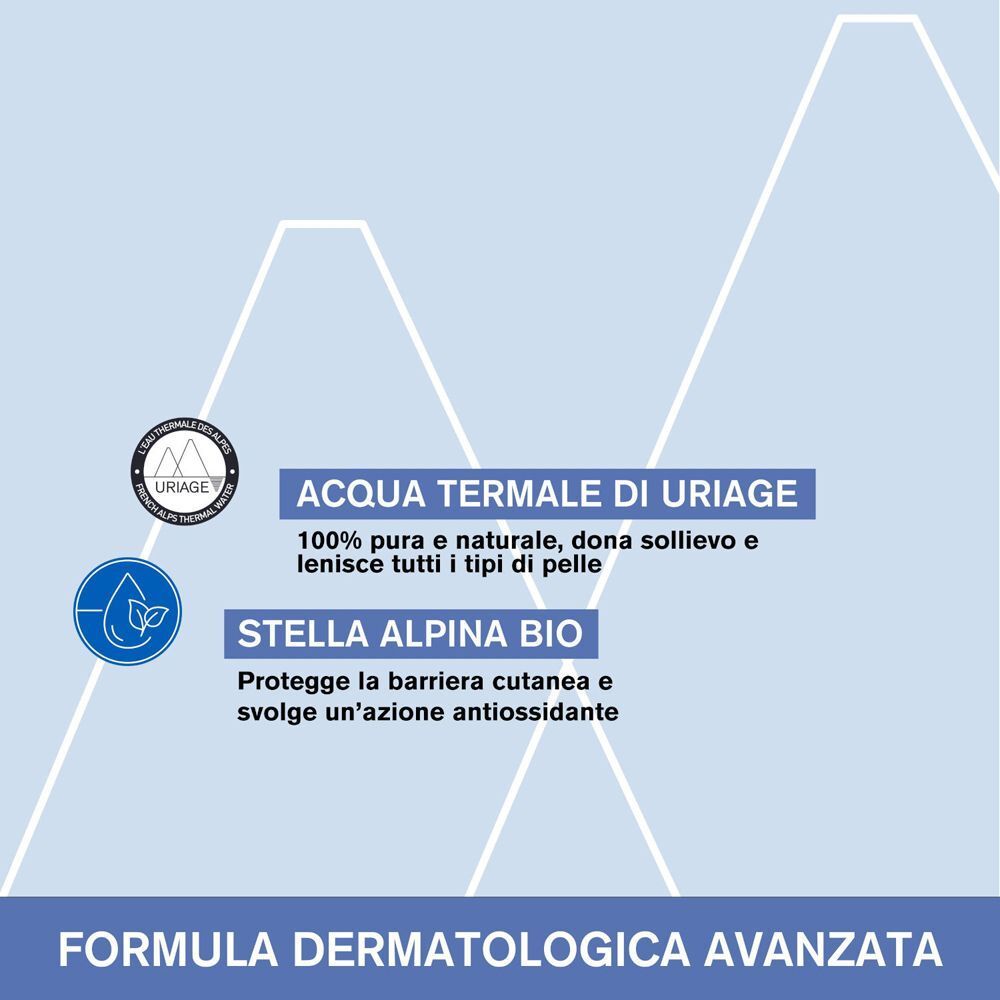 Acqua termale Uriage e ingredienti biologici Stella Alpina con sigilli e testo.