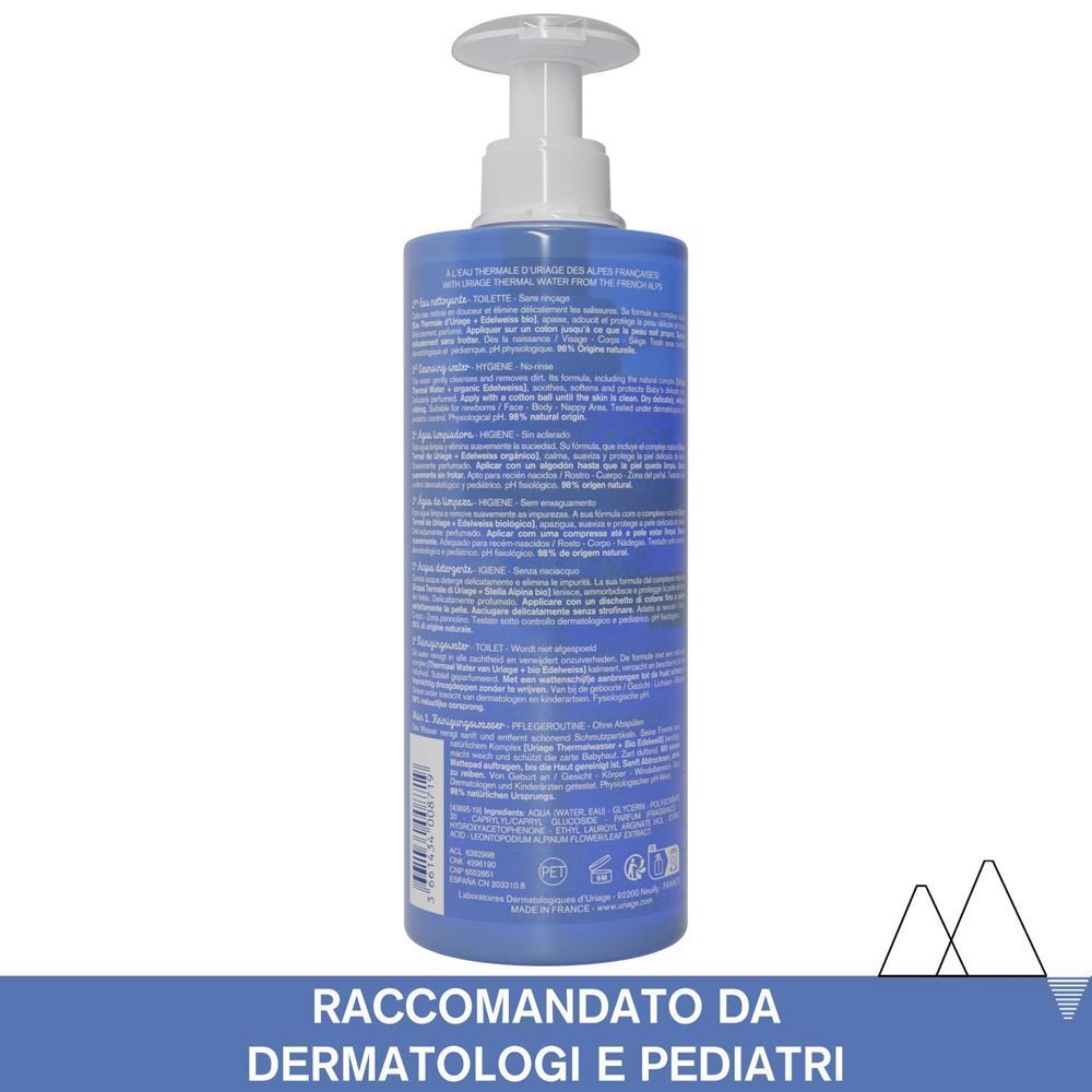 Retro di un flacone di Uriage Bébé 1a Acqua Detergente con informazioni dettagliate sul prodotto e sugli ingredienti.