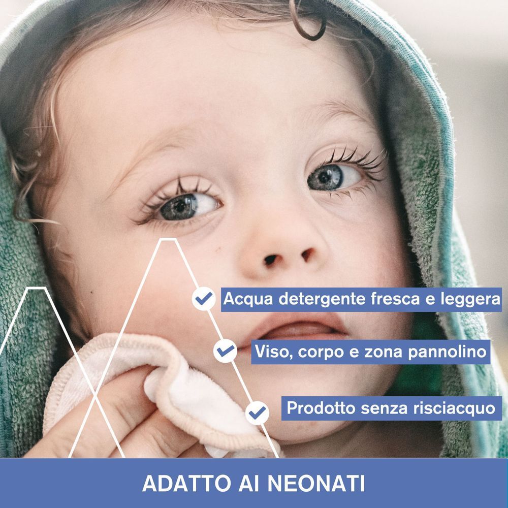 Viso di neonato con asciugamano, acqua detergente per viso, corpo e zona pannolino.